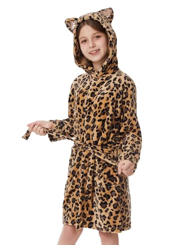 ACTLATI Leopard Cat Fleece Hooded Robe for Girls, Plush Bathrobe With Pockets for 3-12 Years Kids Birthday Christmas Gifts