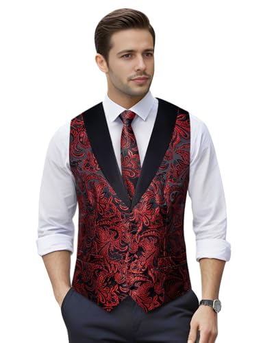 Image of DiBanGu Mens Paisley Suit Vest Silk Jacquard Waistcoat and Necktie Set Formal Shawl Collar Dress Vest 7PCS for Wedding Party