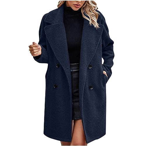 Generisch Damen Wintermantel Lang Wollmantel mit Revers Elegant Trenchcoat Übergangsmantel Herbst Winterjacke Einfarbig Flauschig Warm Mantel Outdoor Freizeitjacke