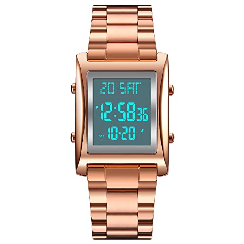 TONSHEN メンズ ステンレススチール デジタル腕時計 多機能 LED 電子ストップウォッチ アラーム バックライト アウトドア ミリタリー カジュアル 腕時計, ローズ, ブレスレット