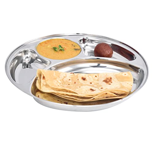 Bird Man TamilNadu Product – Stainless Steel Round Shaped Plate with 4 in 1 Compartments/Partitioned, Heavy Gauge Quality/High Finishing – Extra Deep/Size : Medium
