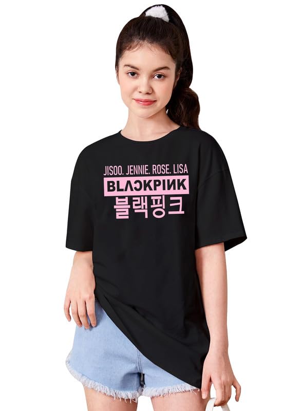 LOCAVESTIRGirls Printed Round Neck, Regular Loosefit Longline Drop Shoulder Boho Style T-Shirt, Black Pink NamesBTS Army K Pop T Shirt, for Girls and Women’s Black 14-15Y