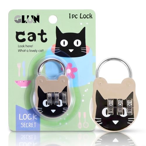 Image of GLUN Printed Cute Cat 3 Number Rechangeable Combination Pad Lock, Metal Body Paint Coated Number Lock for Luggage & Bags