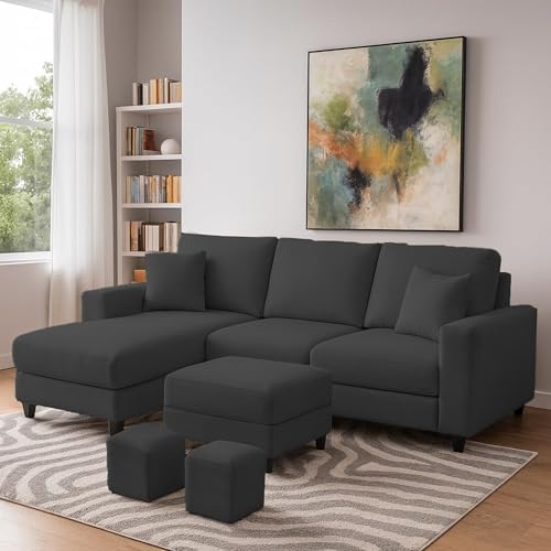 Image of Casaliving Rolando Seater L Shape Sofa Set for Living Room Left Side (Black, 4 Seater with Ottomon - LHS)