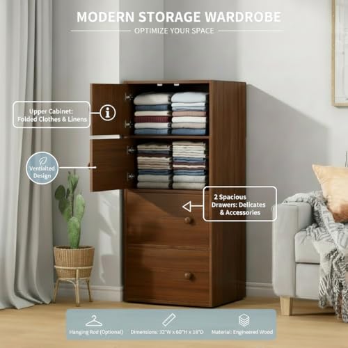 Image of EXVITO Engineered Wood Wardrobe for Bedroom | Foldable 4 - Shelf Wooden Storage Cabinet | Cupboard Almirah for Clothes | Collapsible Wardrobe | Space Saving Wooden Cabinet - WALLNUT
