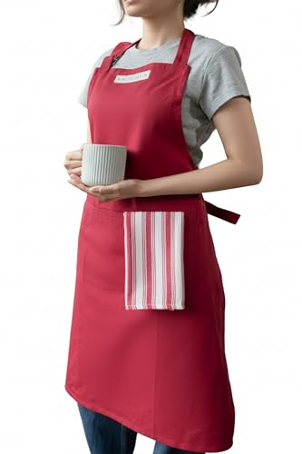 Image of Kitchen Apron - 100% Cotton, Adjustable Neck strap, Large Pocket - Unisex Apron for Men & Women - Cooking, Baking, BBQ, Gardening - Solid Colours, Striped and Checkered Patterns
