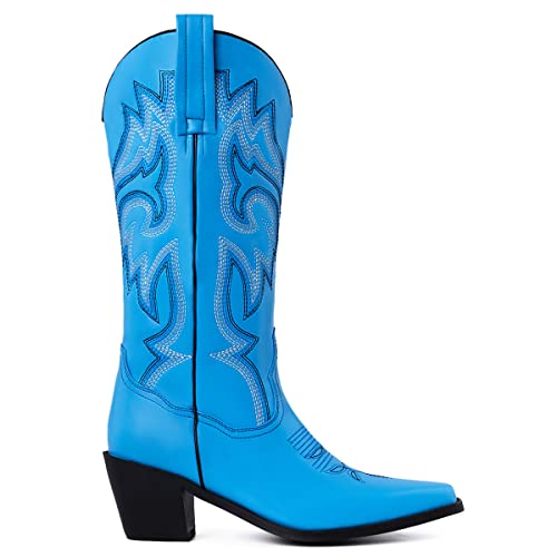 CRYSIGNE Women Vintage Embroidered Mid Calf Cowboy Cowgirl Boots Ladies Snip Toe Pull On Chunky Heel Western Boots