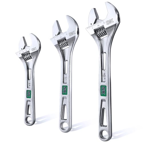 SK 3-Piece Adjustable Wrench Set, 6-Inch, 8-Inch, 10-Inch, Cr-V Steel, SAE & Metric Scales