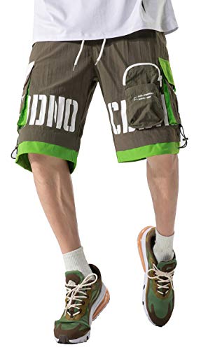 MOKEWEN Men's Cargo Shorts Elastic Waist Drawstring Cotton Casual Outdoor Lightweight Shorts with Multi Pockets Army Green 29-30