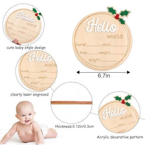 Image of Wooden inchHello World inch Baby Announcement Board - Newborn Birth Sign, Baby Shower Decor, Hospital Nursery Information Board, Baby Milestone Photo Prop, Gender Neutral Keepsake (Holly Berries Christmas)