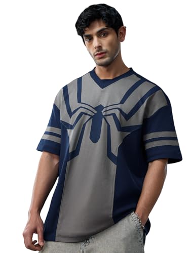 Image of The Souled Store Official Marvel: Spider x Venom Oversized T-Shirt for Men Boys Cotton Casual Half Sleeves Baggy Loose Fit Drop Shoulder Round Neck Black