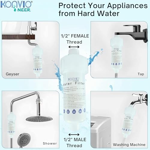 Image of Konvio Neer Washing Machine Water Filter - Protects Against Limescale, Hard Water Softner for Top Load and Front Load Machines,Includes 10 Anti-Scalant Balls, Easy 1-Minute Setup (1 Set, White)