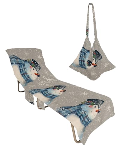 Grey Snowman Christmas Beach Lounge Chair Towel Cover, Soft Chaise Lounge Towel with Side Pockets Patio Pool Chairs Cover for Beach/Pool Sunbathing 29x85 Let Snow Xmas Winter Snowflake
