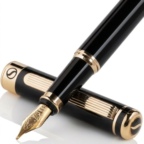 Image of Scriveiner Black Lacquer Fountain Pen Stunning Luxury Pen, Real Gold Plating, Schmidt Gilded Nib (Broad), Best Pen Gift Set for Men & Women, Professional, Executive, Office, Nice Pens