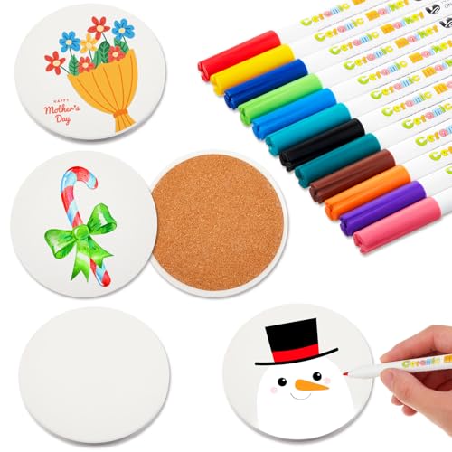 Geiserailie DIY Keramik Untersetzer Set Enthalten 4 Weiße Keramikuntersetzer mit Pad und 12 Porzellanstifte Keramik Rohlinge zum Bemalen Basteln Untersetzer zum Dekorieren(Runden)