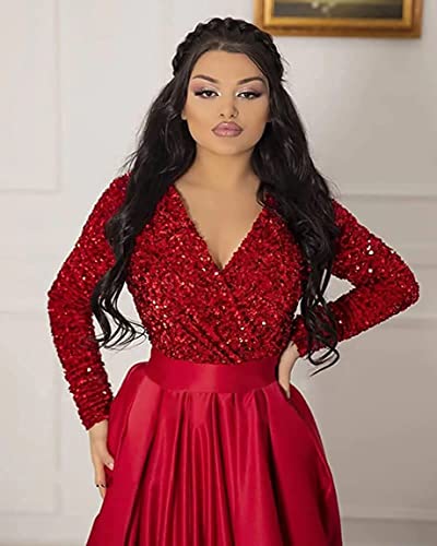 YMSHA Women's Sparkly Sequin Prom Ball Gown with Pockets Long Sleeve Satin Formal Evening Dress with Slit YMS2244