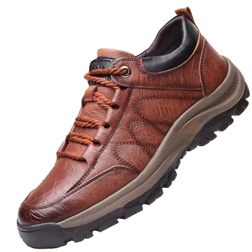 Generisch Zapatos de senderismo para hombre de piel para exteriores, antideslizantes, con cordones, para caminar, para el tiempo libre, planos, tallas grandes, zapatillas de trabajo para hombres, café