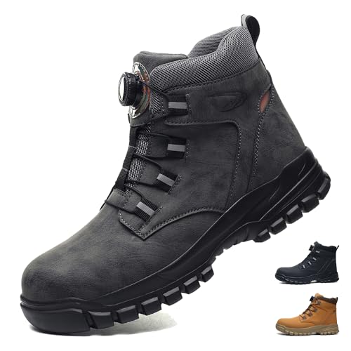 COOU Botas de Seguridad para Hombre Impermeable Zapatos de Seguridad Mujer Ligeros Punta de Acero Antideslizante Botas de Trabajo Gris 43/M679