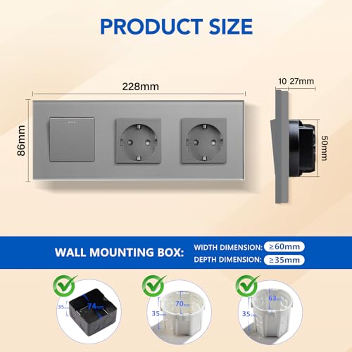 BSSED Lichtschalter mit Doppelt Steckdose 1 Fach 2 Wege,10A Kristall Glas Platte Wandschalter mit 16A Schuko Steckdose Grau, Physische Taste Schalter mit Steckdose- 228mm