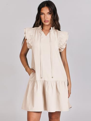 Image of ANRABESS Womens Summer V-Neck Drawstring Ruffle Cap Short Sleeve Casual Shift Mini Dress with Pockets