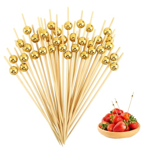 100 Stück Cocktailspieße,Fingerfood Spieße,Dekoration aus Goldperlen Zahnstocher Bambusspieße,Cocktail Zubehör,für Getränke Party,Obst Lebensmittel Sticks,Charcuterie Boards Zubehör,Snacks Food.
