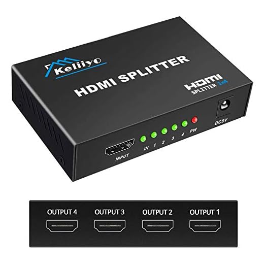 KELIIYO Hdmi Splitter 1 in 4 Out V1.4b Powered Hdmi Video Splitter with AC Adaptor Duplicate/Mirror Screen Monitor Supports Ultra HD 1080P 2K and 3D Resolutions (1 Input to 4 Outputs)
