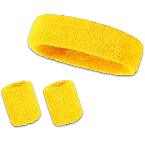Sports Sweat Bands Wristbands Set, 3 Pieces Yellow Wristbands Headbands, Sports Headband Wrist Striped Sweatbands, Men Women Sweat Bands, For Gym Tennis Gymnastics Football Soccer, For Exercise