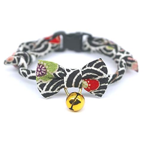 PetSoKoo Bowtie Cat Collar With Bell Breakaway, Japan Chirimen Fabric Golden Bell Cover