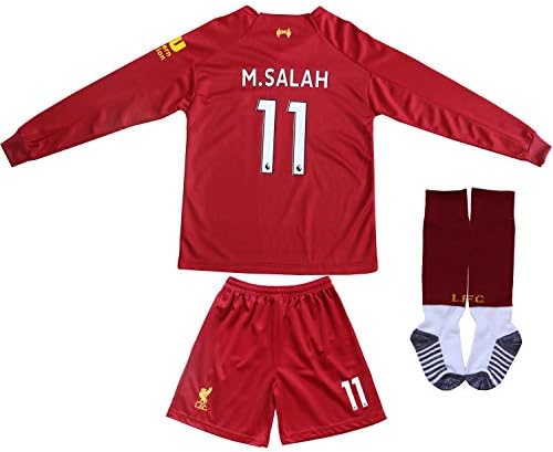 2019/2020 Home #11 Salah Football Futbol Long Sleeve Soccer Kids Jersey Shorts Socks Set Youth Sizes (Red (Home), 6-7 Years)