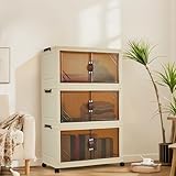 Garvee 3-stöckige Faltbare Aufbewahrungsbox Montagefrei, Stapelbarer Schrank mit Doppeltüren, 67cm Breit, Klappbarer Organizer für Kleidung & Haushalt, Weiß/Transparent-Grau