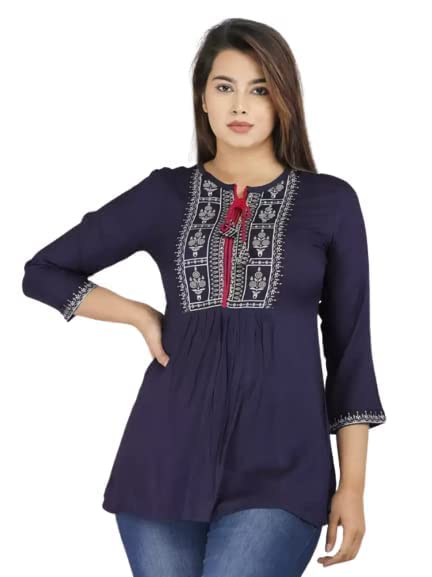 Image of Shiva Fab Short Kurti for Women | Embroidered Straight Rayon Kurta | Round Neck Full Sleeves Short Kurti for Women's