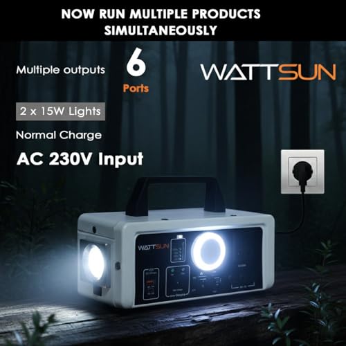 Image of Wattsun Portable Power Station 450W with 296Wh inbuilt Lithium Battery | Solar Compatible | 6 Output Ports | Emergency Power Backup for Home, Camping, Travel | 3-Year Warranty | IP32 certified