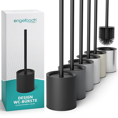 Engelbach® Klobürste Silikon schwarz mit Edelstahl Griff & Halter – Antibakterielle Design Toilettenbürste – WC Bürste, Klobürstenhalter modern