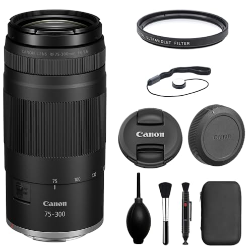Canon RF75-300mm F4-5.6 Zoom Lens with UV Filter + Lens Cap Keeper + Cleaning Kit (4 Items)