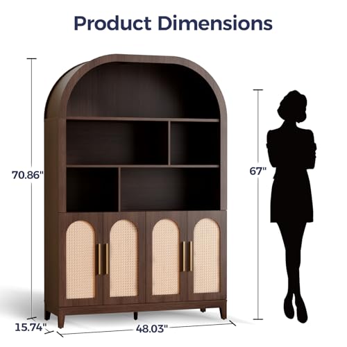 Image of 71 inch Tall Wide Arched Storage Cabinet, 5-Tier Rattan-Door Bookcase with Divider Shelf & Gold Pull Handles, Wood Versatile Pantry Organizer for Living Room /Kitchen /Office, Walnut
