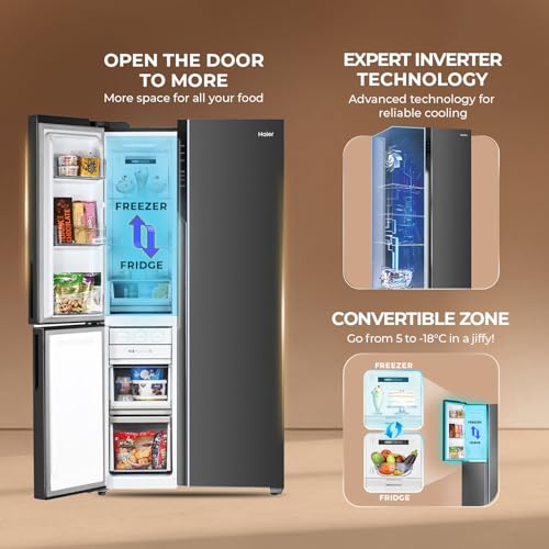 Image of Haier SmartChoice 598L 3 Star 3-Door Side by Side Frost Free Refrigerator | Expert Inverter Technology | Digital Display Panel | Jumbo Ice Maker | Deo Fresh Technology (HRT-683GK, Graphite Black)