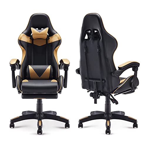 Image of Tegan Gaming Chair Office Adjustable Seat Height High Back PU Leather Ergonomic Chair E-Sports with Lumbar Support Retractable Foot Rest (Black and Golden) Gaming Chair with Lumber Massager