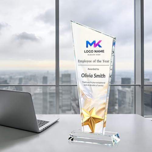Image of Custom Crystal Trophy Award Personalized Plaque Award with Text Logo Photo Awards Trophies for Employee Recognition Team Graduation Personalized Office Gifts for Boss Coworker Teacher