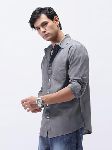 Image of Urbano Fashion Men's Cotton Full Sleeve Regular Fit Casual Solid Slub Shirt with Spread Collar