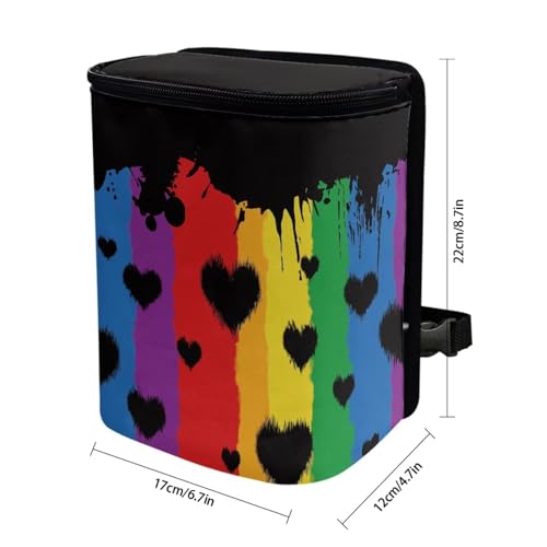 Image of Rainbow Stripes Love Hearts Auto Car Trash Can Rainbow Flag LGBTQ Car Garbage Bag with Lid Washable Leak Proof Car Trash Bin Hanging for Women Men