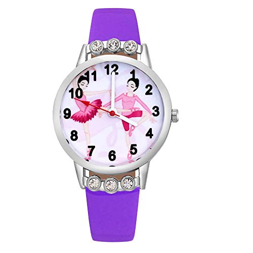 Reloj de niña Dibujos Animados de Moda Pretty Ballet Girl Crystal Style Relojes Student Girls Reloj de Pulsera de Cuero de Cuarzo Reloj Relojes para niñas (Color : Pink)