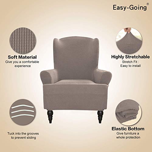 Image of Easy-Going Stretch Wingback Chair Sofa Slipcover Taupe | 1-Piece Sofa Cover Furniture Protector Couch Soft with Elastic Bottom, Spandex Jacquard Fabric Small Checks