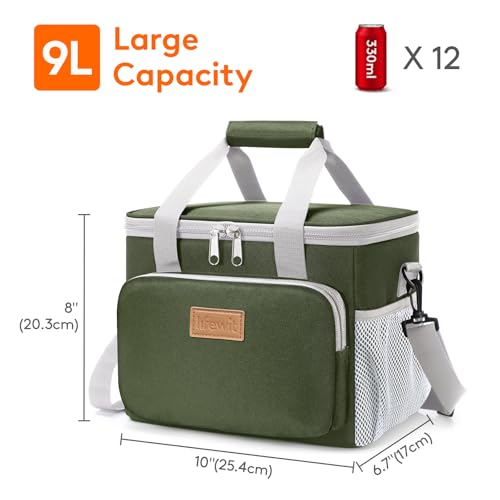 Image of Lifewit Medium Lunch Bag, Insulated Lunch Box, Soft Cooler Cooling Tote for Adult Men Women, Gray and Green 12-Can (9L)