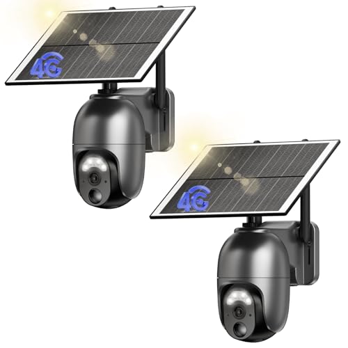 NUASI 2K 4G LTE Camara Vigilancia Exterior con Panel Solar【2 Unidad】, 360 Grados PTZ, PIR Detección de Movimiento, Visión Nocturna en Color, Audio Bidireccional, IP66 Impermeable