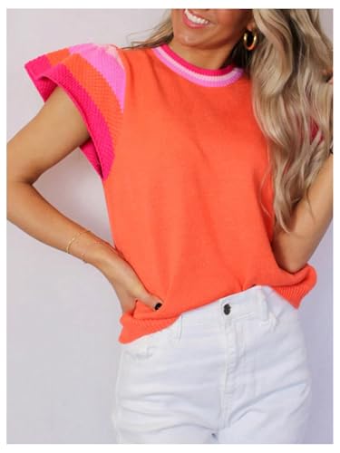 Image of WDIRARA Women's Striped Trim Pullover Sweaters Crewneck Ruffle Butterfly Sleeve Knit Tops Orange X-Large