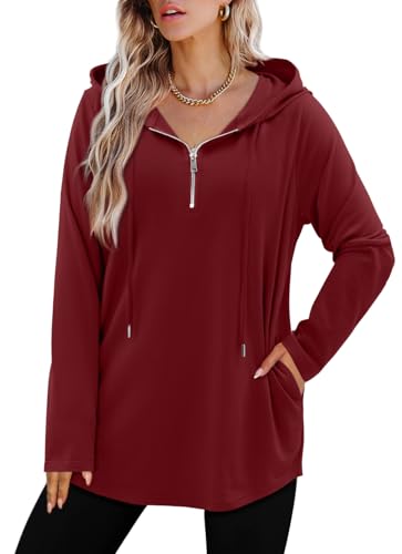 BETTE BOUTIK Womens Quarter Zip Tunic Hoodies Pullover Long Hooded Sweatshirts S-3XL