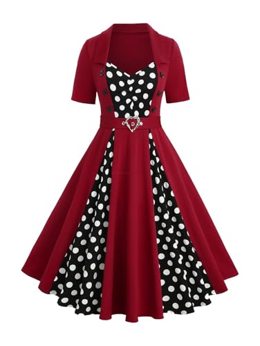 ROSE GAL Plus Size Womens 1950s Retro Vintage Rockabilly Cocktail Party Swing Dresses Polka Dot Heart V-Neck Short Sleeves Midi Audrey Dress(Red_1/L)