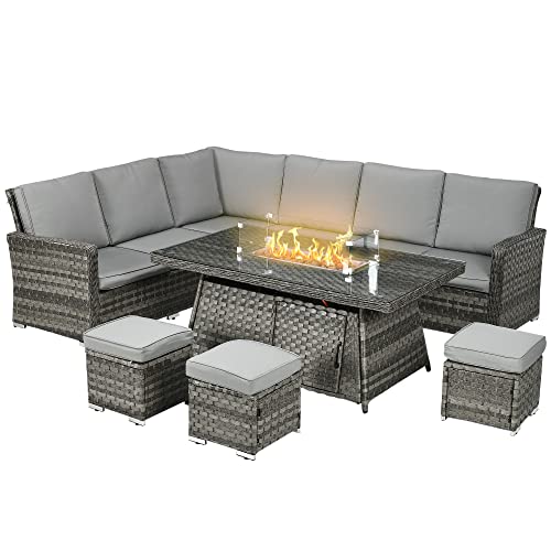 Outsunny 7 Pieces PE Rattan Garden Furniture Set, 50,000 BTU Gas Fire Pit Table, Double Corner Sofa and 3 Footstools, 6 Seater Furniture Sofa Sets with Cushions for Conservatory, Grey