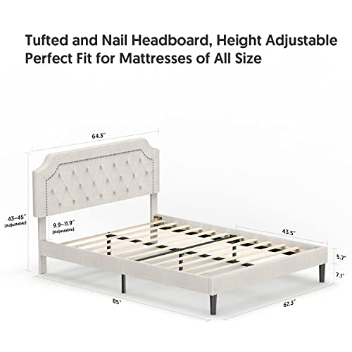 Bonsoir Queen Size Bed Frame Upholstered Low Profile Traditional Platform With Tufted And Nail Headboard/No Box Spring Needed/No Bed Skirt Needed/Linen Fabric Upholstery/Color Of Sand #TOP2