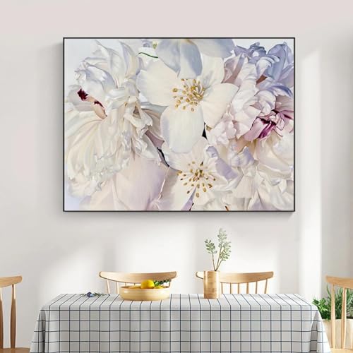 Décoration murale salon fleurs blanches - Peinture moderne sur toile style scandinave 50x70 cm